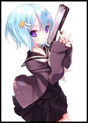  blue_hair border cardigan commentary_request female grin gun handgun holding kiira looking_at_viewer open_cardigan open_clothes original photoshop_(medium) purple_eyes school_uniform serafuku short_hair simple_background smile solo weapon white_background 