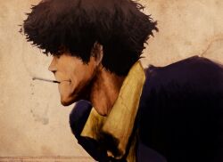  1boy black_hair cigarette commentary_request cowboy_bebop frown male_focus profile smoke smoking solo spike_spiegel ukkari_chabangeki 