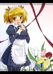  apron blonde_hair blush breasts choker copyright_request female flower hands_on_own_chest large_breasts maid open_mouth pantyhose ribbon_choker short_hair solo taropun twintails yellow_eyes 