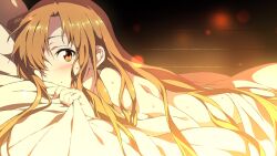  asuna_(sao) bed_sheet blush brown_eyes brown_hair completely_nude female from_side hair_over_one_eye health_bar indoors jewelry long_hair looking_at_viewer looking_to_the_side lying mizuki_makoto naked_sheet nude on_bed on_stomach photoshop_(medium) ring smile solo sweat sword_art_online under_covers wedding_ring 