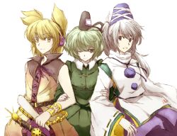  3girls bad_id bad_pixiv_id blue_eyes brown_hair dress green_dress green_eyes green_hair grey_hair japanese_clothes kariginu mononobe_no_futo multiple_girls rhapsode soga_no_tojiko touhou toyosatomimi_no_miko yellow_eyes 