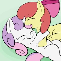  1:1 2012 animated apple_bloom_(mlp) closed_eyes digital_media_(artwork) duo earth_pony equid equine female feral friendship_is_magic hair hasbro horn horse lamiaaaa mammal multicolored_hair my_little_pony mythological_creature mythological_equine mythology pony purple_hair short_playtime smile sweetie_belle_(mlp) tail two_tone_hair unicorn young young_feral 