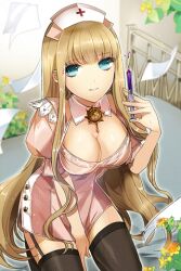  black_thighhighs blonde_hair breasts brooch cleavage female flower garter_straps green_eyes hat helena_k_sink holding jewelry kneeling large_breasts long_hair lowres nurse_cap outdoors photoshop_(medium) smile solo sword_girls syringe thighhighs tyuhus very_long_hair 