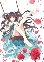  barefoot black_hair brown_eyes commentary_request dress feet female flower hiiro_(kikokico) leg_lift long_hair nail_polish original petals pixiv sitting smile solo swing toenail_polish toenails toes two_side_up 