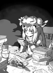  absurdres blowing book bow chair cold commentary_request crescent cup dark desk female fingerless_gloves gloves greyscale hairbow hat highres inkwell lantern long_hair long_sleeves magic_circle monochrome paper patchouli_knowledge pen robe sitting solo steam table tea teacup touhou ume_(noraneko) upper_body wide_sleeves 