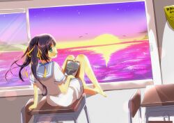  arm_support bare_legs barefoot black_hair bow classroom commentary_request desk drawing drawing_(object) female green_eyes hair_ornament hair_ribbon hairbow indoors legs looking_at_viewer mouth_hold oekaki_musume original pencil ribbon school_desk school_uniform serafuku sitting solo sunset twintails wind yuimari 