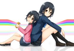  2girls aged_down back-to-back black_hair black_socks blazer blue_jacket brown_eyes can commentary_request dual_persona holding inaba_himeko jacket kneehighs kokoro_connect leaning_back leaning_forward long_legs looking_at_viewer multiple_girls ok-ray open_mouth photoshop_(medium) plaid plaid_skirt pleated_skirt school_uniform short_hair sitting skirt smile socks time_paradox yamaboshi_private_high_school_uniform 