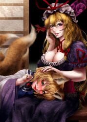  2girls animal_ears blonde_hair blue_eyes blush breasts cleavage commentary_request fox_ears fox_tail gap_(touhou) hat hat_ribbon headpat lap_pillow large_breasts lips lying multiple_girls multiple_tails photoshop_(medium) ribbon sitting tail touhou yakumo_ran yakumo_yukari yana_(nekoarashi) yellow_eyes 