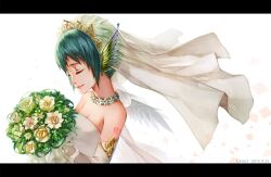  aqua_hair bouquet closed_eyes commentary_request dress elbow_gloves female flower gloves hatsune_miku holding letterboxed lvans photoshop_(medium) short_hair smile solo veil vocaloid wedding_dress 