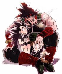  armor artist_request baby bardock black_hair blush cigarette clenched_teeth dragon_ball dragon_ball_z embarrassed eyebrows family father_and_son lolicon looking_at_viewer male male_focus multiple_boys muscle raditz sitting smoke smoking son_gokuu spiked_hair sweatdrop tail teeth thick_eyebrows v young younger 