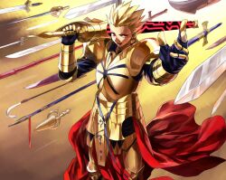  1boy armor blonde_hair commentary_request doraiga-rei ea_(fate/stay_night) earrings fate/stay_night fate_(series) gate_of_babylon_(fate) gilgamesh_(fate) hair_up jewelry male_focus multiple_weapons polearm red_eyes short_hair solo spear sword weapon 