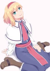  absurdres alice_margatroid aqua_eyes arm_support bad_id bad_nicoseiga_id blonde_hair blush boots capelet female hairband highres john_(kakurenbo) long_sleeves open_mouth sash short_hair sitting solo touhou wariza white_background 