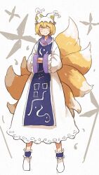  ^_^ blonde_hair closed_eyes commentary_request dress female fox_tail hands_in_opposite_sleeves hat long_sleeves multiple_tails shibasaki_shouji short_hair smile solo standing tabard tail touhou white_dress wide_sleeves yakumo_ran 