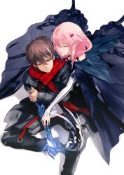  1boy brown_eyes brown_hair cape closed_eyes female guilty_crown hair_ornament hairclip highres hug hug_from_behind long_hair nail_polish official_art ouma_shuu pink_hair red_scarf redjuice scarf short_hair sitting twintails yuzuriha_inori 