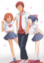  1boy 2girls :d ^_^ accel_world asato_ruka bad_id bad_pixiv_id blue_hair brown_hair closed_eyes crimson_kingbolt itosu_mana miton_(ton321) multiple_girls open_mouth orange_eyes orange_hair school_uniform short_hair smile 