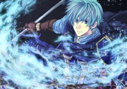  1boy aqua_hair armor bad_id bad_pixiv_id blue_eyes cape ephraim_(fire_emblem) fire_emblem fire_emblem:_the_sacred_stones gloves kosato male_focus polearm solo spear weapon 