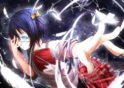  ahoge bad_id bad_pixiv_id blue_eyes chuunibyou_demo_koi_ga_shitai! eyepatch female glowing hair_ornament highres icho_private_high_school_uniform medical_eyepatch one_side_up plaid plaid_skirt reio_reio school_uniform short_hair skirt solo takanashi_rikka 