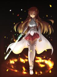  armor asuna_(sao) bad_id bad_pixiv_id bare_shoulders black_background boots braid brown_hair embers female fire frown highres long_hair pleated_skirt skirt solo sword sword_art_online thigh_boots thighhighs tokumaro weapon 