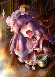  barefoot bucket commentary_request female fire hat patchouli_knowledge photoshop_(medium) purple_eyes purple_hair solo sweat tears tongue touhou water yana_(nekoarashi) 