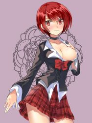  bad_hands bad_id bad_pixiv_id blush breasts cleavage collar female genderswap_(mtf) hayama_eishi large_breasts long_sleeves red_eyes red_hair rule_63 short_hair skirt solo the_king_of_fighters wavy_hair yagami_iori 