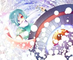  aozora_market blue_eyes blue_hair danmaku female heterochromia karakasa_obake photoshop_(medium) purple_umbrella red_eyes short_hair solo tatara_kogasa tongue tongue_out touhou umbrella 