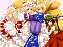  3girls animal_ears bad_id bad_pixiv_id blonde_hair bow breasts brown_eyes brown_hair cat_ears cat_tail chen commentary_request dress earrings fox_ears fox_tail grin hands_in_opposite_sleeves hat hat_ribbon highres jewelry large_breasts long_hair multiple_girls multiple_tails open_mouth purple_eyes ribbon short_hair single_earring smile tabard tail touhou untue yakumo_ran yakumo_yukari yellow_eyes 