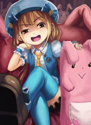  :d aqua_thighhighs blonde_hair brown_eyes commentary_request crossed_legs female futaba_anzu hat head_rest idolmaster idolmaster_cinderella_girls long_hair majicjiang necktie open_mouth sitting smile smirk solo stuffed_animal stuffed_rabbit stuffed_toy thighhighs twintails very_long_hair wrist_cuffs 