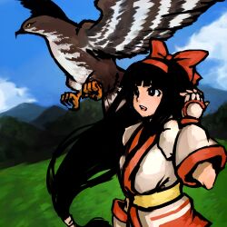  bird black_hair bow cloud commentary_request day female fingerless_gloves food_fighter_441 gloves hairband hairbow hawk highres long_hair low-tied_long_hair mamahaha mountain nakoruru open_mouth red_bow samurai_spirits sky solo very_long_hair 