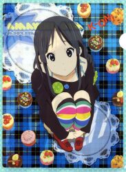  akiyama_mio alternate_hairstyle black_eyes black_hair clear_file_(medium) cupcake female food highres hime_cut horiguchi_yukiko k-on! long_hair looking_at_viewer multicolored_clothes multicolored_legwear multicolored_stripes official_art red_footwear scan scan_artifacts shoes solo squatting striped_clothes striped_thighhighs thighhighs 