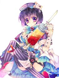  :&lt; bad_id bad_pixiv_id dress female garter_straps hat nail_polish nurse nurse_cap original photoshop_(medium) purple_eyes purple_hair purple_nails purple_thighhighs sana.c short_hair solo star-shaped_pupils star_(symbol) striped_clothes striped_thighhighs symbol-shaped_pupils syringe thighhighs vertical-striped_clothes vertical-striped_thighhighs 