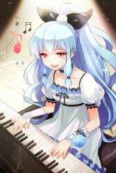  blue_hair bow collarbone dress female frills grin hairbow instrument linus_falco long_hair lowres musical_note open_mouth photoshop_(medium) piano ponytail red_eyes ribbon shokill sitting smile solo sword_girls syokil very_long_hair wavy_hair wide_ponytail 