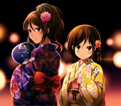  2girls alternate_hairstyle bag brown_eyes brown_hair commentary_request extra hand_fan japanese_clothes k-on! kimono kinchaku kinoshita_shizuka long_hair md5_mismatch multiple_girls paper_fan ponytail pouch satchel shian_(my_lonly_life.) short_hair tachibana_himeko uchiwa yukata 