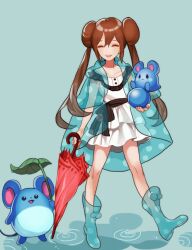  9_(saki-ooo-kiyu) alternate_costume azurill blue_footwear boots brown_hair closed_eyes closed_umbrella commentary_request double_bun dress female hair_bun holding holding_leaf holding_pokemon holding_umbrella leaf long_hair marill pokemon pokemon_(creature) pokemon_bw2 raincoat red_umbrella rosa_(pokemon) rubber_boots see-through skirt smile transparent twintails umbrella white_dress 