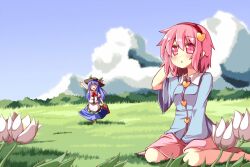  2girls arm_up bag blue_hair cloud commentary_request day flower food fruit grass hairband hat heart hinanawi_tenshi holding komeiji_satori long_hair multiple_girls ominaeshi_(takenoko) outstretched_arm peach pink_eyes pink_hair red_eyes sitting sky touhou 