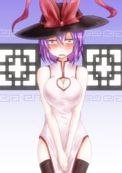  alternate_costume black_thighhighs blush bow breasts china_dress chinese_clothes cleavage cleavage_cutout clothing_cutout commentary_request constricted_pupils dress embarrassed female hat hat_bow large_breasts meandros nagae_iku open_mouth purple_hair red_eyes short_hair solo takorice thighhighs touhou v_arms 