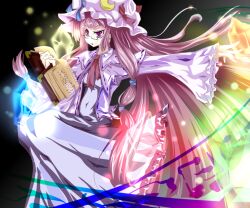  bespectacled book capelet commentary_request crescent crystal female glasses hat kururunpa long_hair long_sleeves patchouli_knowledge philosopher&#039;s_stone purple_eyes purple_hair solo touhou very_long_hair wide_sleeves 