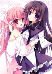  2girls :d akemi_homura akemi_homura_(magical_girl) arm_around_neck bare_shoulders black_hair black_pantyhose blush commentary_request dress gloves hairband hug kaname_madoka long_hair looking_at_viewer mahou_shoujo_madoka_magica mahou_shoujo_madoka_magica_(anime) matsumiya_kiseri multiple_girls open_mouth pantyhose photoshop_(medium) pink_hair purple_eyes red_eyes smile two_side_up ultimate_madoka white_background 