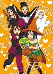  5girls :o :t akiyama_mio bad_id bad_pixiv_id bodysuit cape cookie cosplay costume demon_girl english_text food ghost ghost_costume halloween hat highres hirasawa_yui jack-o&#039;-lantern jester jester_cap k-on! kotobuki_tsumugi multicolored_bodysuit multicolored_clothes multiple_girls nakano_azusa official_style pantyhose photoshop_(medium) polearm pumpkin_pants sheet_ghost tainaka_ritsu top_hat trick_or_treat trident vampire watanore weapon 