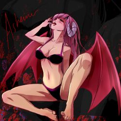  ashemu bad_id bad_pixiv_id barefoot bat_wings beatmania_iidx bikini black_bikini demon_girl female horns icedango_(dpopic3) long_hair one_eye_closed pink_hair red_eyes solo swimsuit wings 