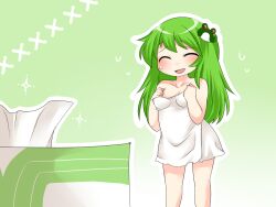  bad_id bad_pixiv_id blush breasts closed_eyes female green_hair hammer_(sunset_beach) kochiya_sanae long_hair medium_breasts mini_person minigirl open_mouth smile solo tissue tissue_box touhou 