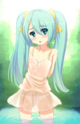  :o alternate_costume aqua_eyes aqua_hair arms_behind_back blush commentary_request dress female hair_ribbon hatsune_miku long_hair looking_at_viewer panties ribbon see-through solo sorano_(12gou) twintails underwear vocaloid wading water wet white_dress white_panties 