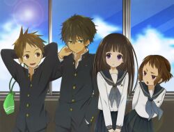  2boys 2girls anko_(teadial) brown_hair chitanda_eru commentary_request everyone fukube_satoshi gakuran highres hyouka ibara_mayaka kamiyama_high_school_uniform_(hyouka) multiple_boys multiple_girls oreki_houtarou school_uniform serafuku 