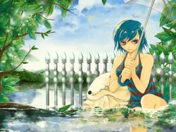  achiba blue_eyes blue_hair commentary_request day fairy_tail female highres juvia_lockser outdoors short_hair sky solo umbrella water 