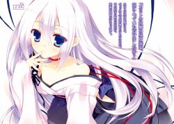  bare_shoulders blue_eyes blush collarbone female hair_between_eyes hand_to_own_mouth highres japanese_clothes light_purple_hair long_hair neck_ribbon novel_illustration off_shoulder official_art photoshop_(medium) ribbon sakura_hanpen scan seirei_tsukai_no_blade_dance solo terminus_est translation_request white_background 