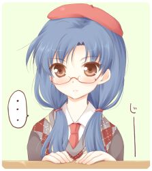  ... alternate_hairstyle argyle bad_id bad_pixiv_id beret bespectacled blue_hair blush brown_eyes female frown glasses green_background hat idolmaster idolmaster_(classic) kisaragi_chihaya komi_zumiko long_hair necktie red-framed_eyewear solo sweater_vest twintails 