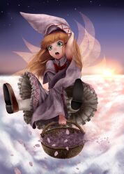  above_clouds arm_up basket blonde_hair blunt_bangs bow capelet cloud commentary_request female flying green_eyes hand_on_headwear hand_up hat hat_tug holding holding_basket lily_white long_hair open_mouth petals photoshop_(medium) sky solo touhou wide-eyed wings yana_(nekoarashi) 