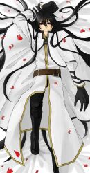  black_hair daimakura dakimakura highres long_hair male male_focus monochrome_factor petals red_eyes rose_petals ryuko_(monochrome_factor) solo 