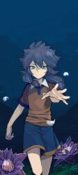  1boy amemiya_taiyou amemiya_taiyou_(mixi_max_zhuge_kongming) bad_id bad_pixiv_id blue_eyes cezaria fusion highres inazuma_eleven_(series) inazuma_eleven_go inazuma_eleven_go_chrono_stone long_hair male_focus outstretched_hand photoshop_(medium) purple_hair raimon raimon_soccer_uniform smile soccer_uniform solo sportswear 