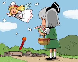  2girls blonde_hair closed_eyes cloud commentary_request day dress grey_hair hairband konpaku_youmu lily_white long_hair multiple_girls onikobe_rin open_mouth ribbon short_hair skirt sky touhou translated wings 