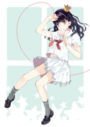  arm_up bad_id bad_pixiv_id black_hair blue_eyes candy crown female food heart heart-shaped_lollipop holding lollipop long_hair mini_crown original school_uniform serafuku shaped_lollipop shiina_aya skirt socks solo string string_of_fate swirl_lollipop 